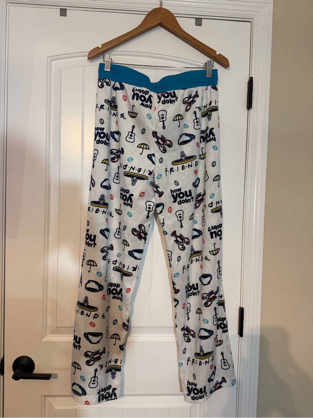 FRIENDS White Pajama Pants with Teal Waistband and Multicolor Print
